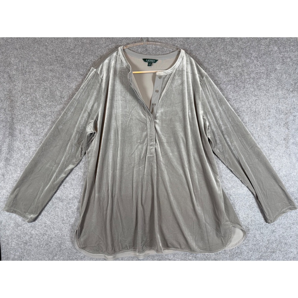 Lauren Ralph Lauren Velvet Henley Top Womens 3X Grey Excellent Long Sleeve